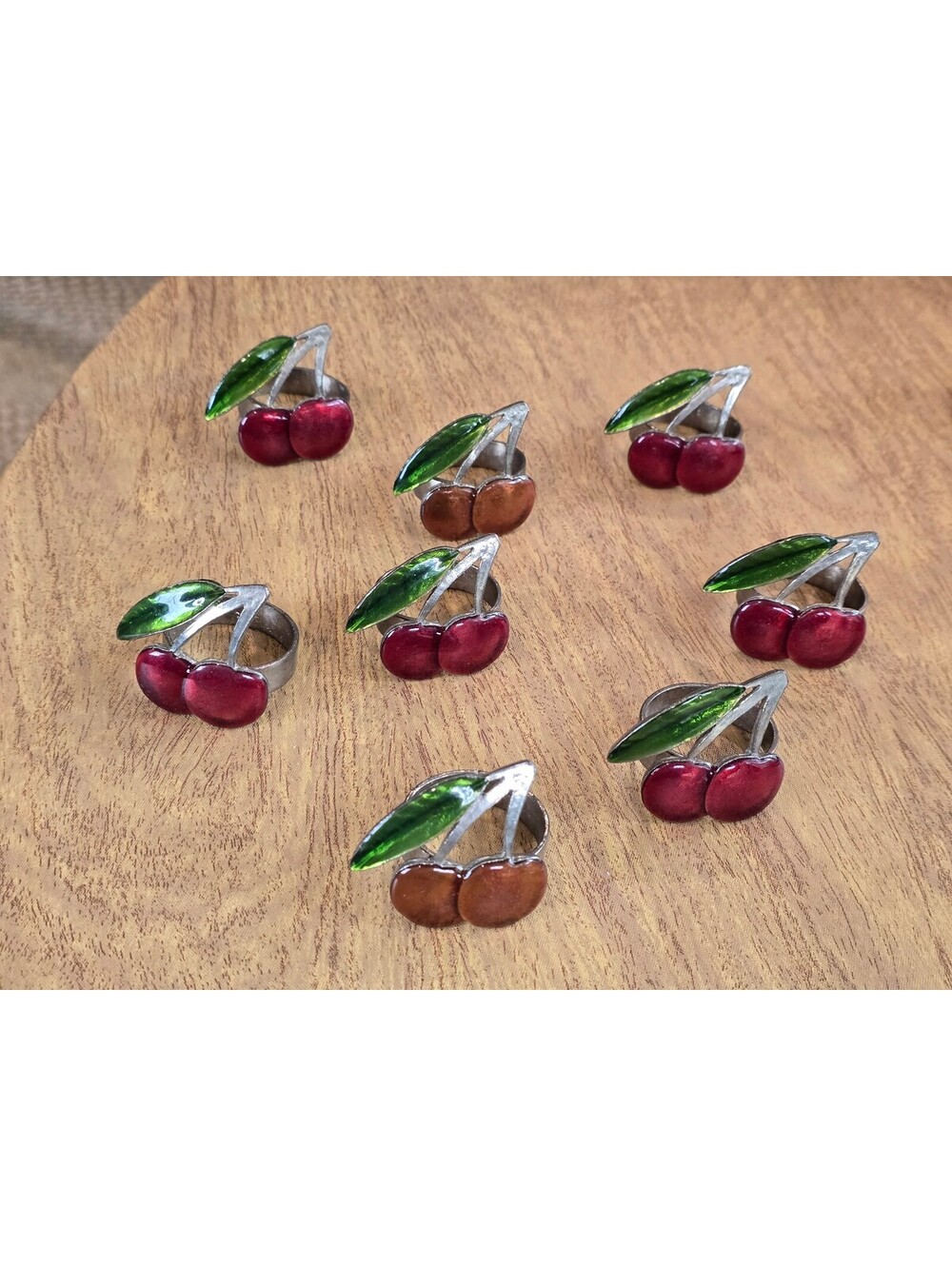 Vintage Susan Maugenest SF Pewter Cherry Napkin Rings - Set of 8 Enameled Fruit